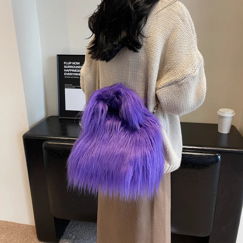 Soft Plush Faux Fur Handbag | Winter Chain Crossbody & Clutch Luxegan