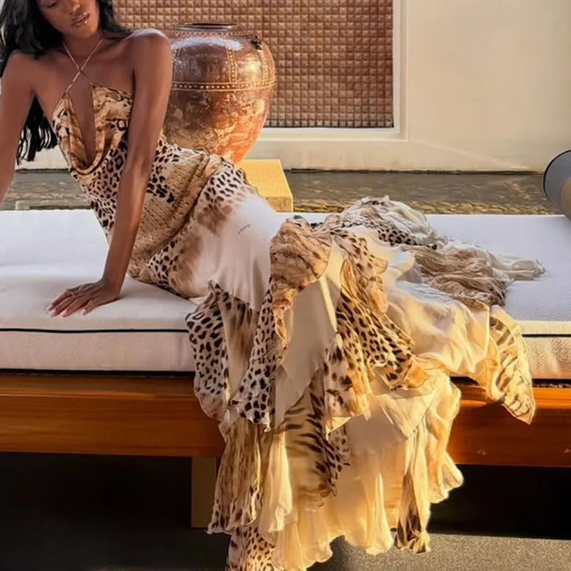 Leopard Print Tiered Ruffle Maxi Dress | Spaghetti Strap Halter High Waist A-Line Beach Gown Luxegan