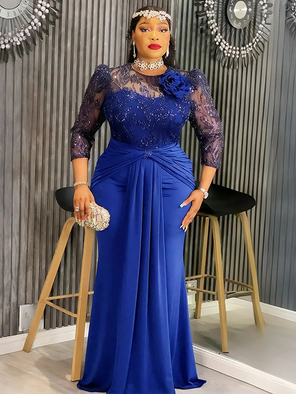 Sequins Long Sleeve Chiffon Dresses Elegant Women Party Prom Birthday Evening Maxi Robes African Dashiki Clothing Turkey Kaftans