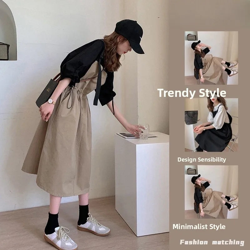 Women's Spring Summer Workwear Overalls Two-Piece Set | Trendy Bubble Puff Sleeve Streetwear Suit | Chic Salt System Casual Outfit | Premium Loose Fit O-Neck Mid-Calf Fashionable Set Luxegan