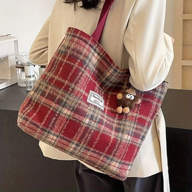 Retro High-End Plaid Large Capacity Shoulder Tote Bag for Women | Durable Woolen-Look Polyester for Autumn/Winter Luxegan