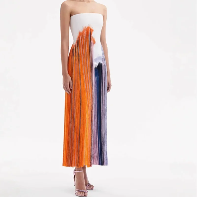 Women's Temperament Print Tube Top Maxi Dress | Sexy Strapless Backless Split Long Dress | Elegant High-Waist Summer Party Dress | Premium Tatting Regular Fit Ankle-Length Straight Gown Model 52137 Luxegan