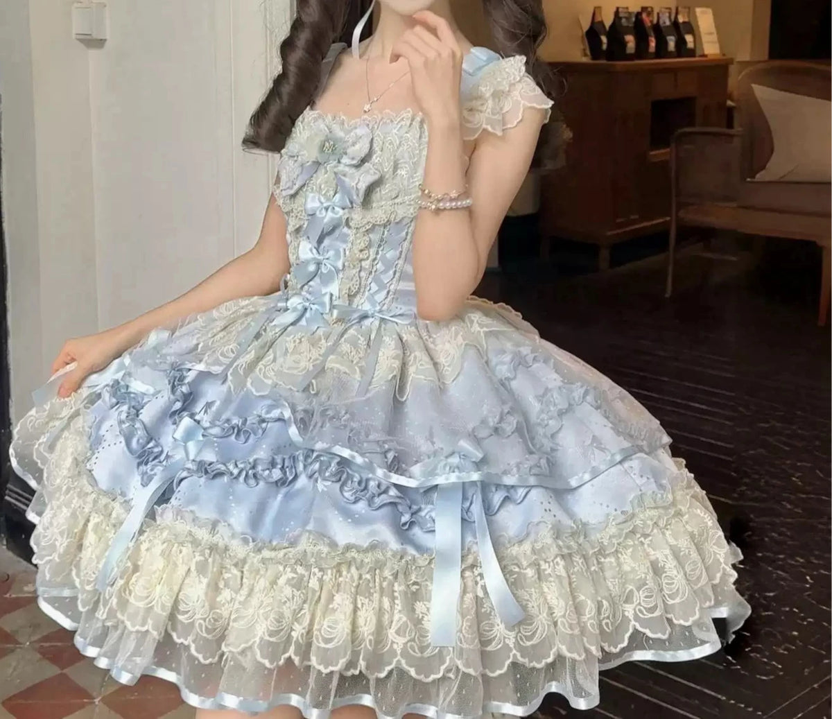 Sweet Lolita JSK Dress Set – Lace, Bow, Spaghetti Strap, Square Collar, A-Line
