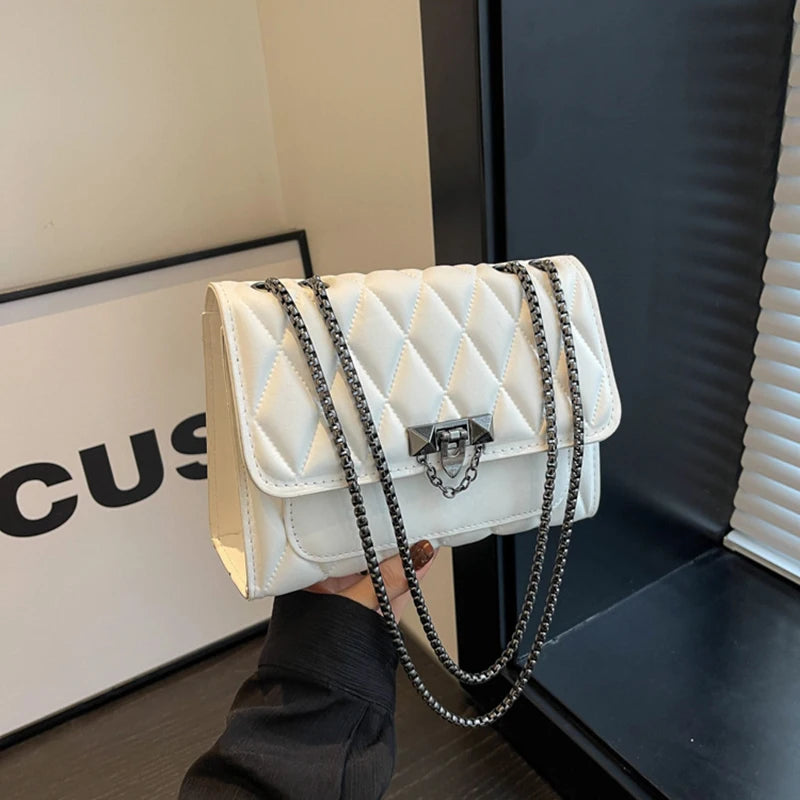 Fashionable Embossed Square Crossbody Bag | Diamond Pattern & Metal Chain Handbag Luxegan