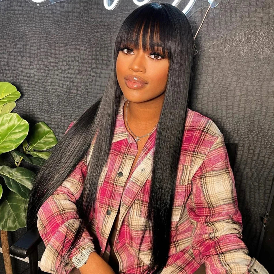 Silky Straight Human Hair Wig with Bangs - Full Machine-Made Glueless Medium-Length Wig - 100% Brazilian Remy Human Hair Natural Black Fringe Wig for Women (18-24 Inch Clearance Sale) Luxegan
