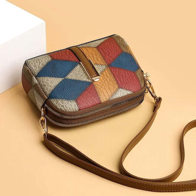 Color Block Square Crossbody Bag | Casual PU Leather Double Zipper Purse Luxegan