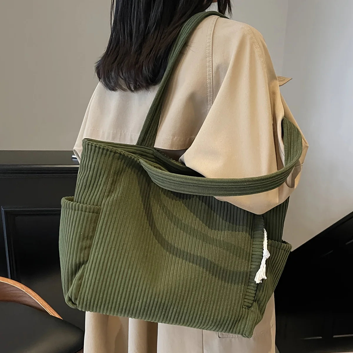 Durable Corduroy Casual Tote | Sophisticated Multi-Compartment Shoulder Bag | Elegant Soft Commuter Handbag | "Dignified" Versatile Daily Pouch for Urban Styling Luxegan