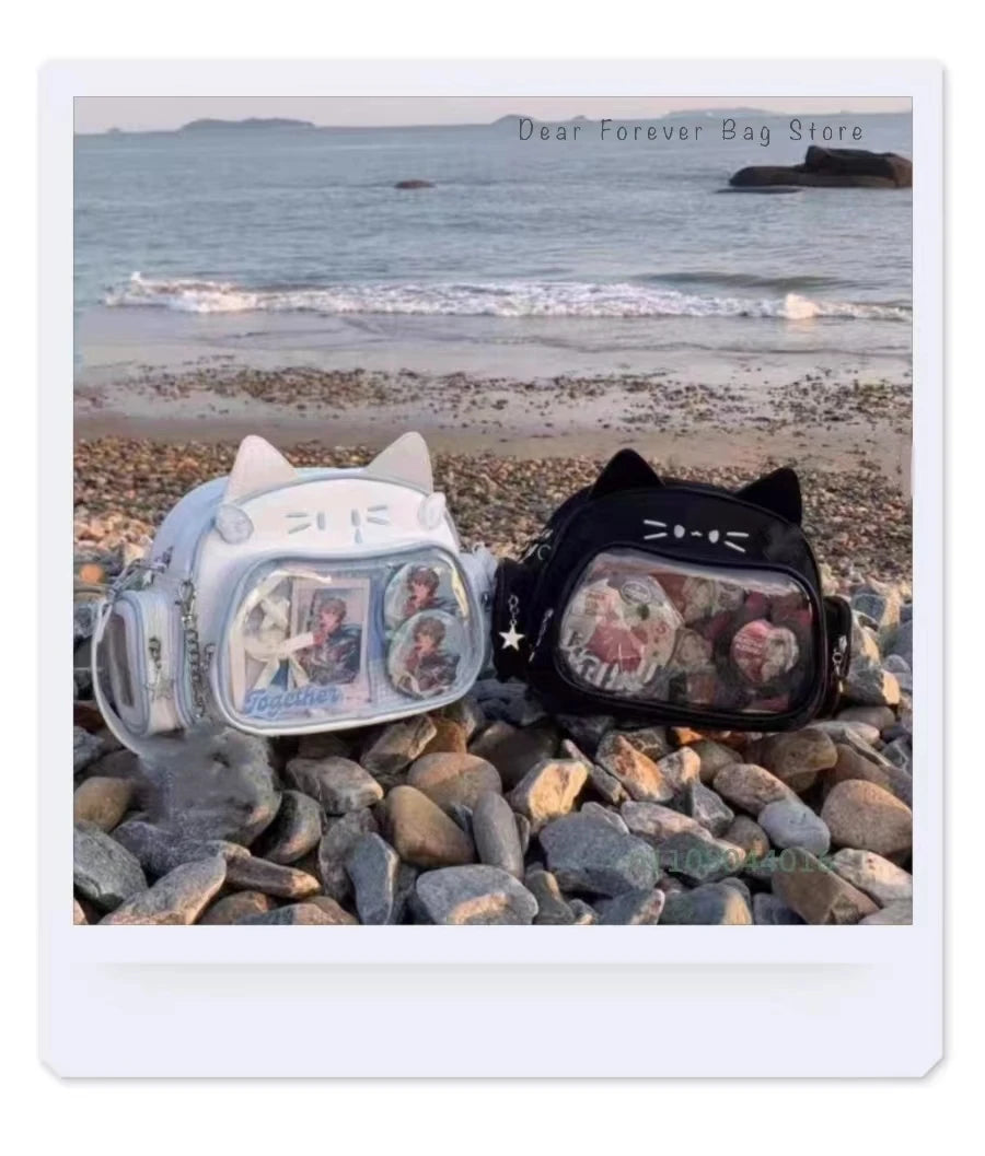 New Y2K Korean Kawaii Cat Ita Bag | Cute Transparent Window PU Shoulder Bag | Harajuku Crossbody & Fashion Backpack for Girls (Model 180) Luxegan