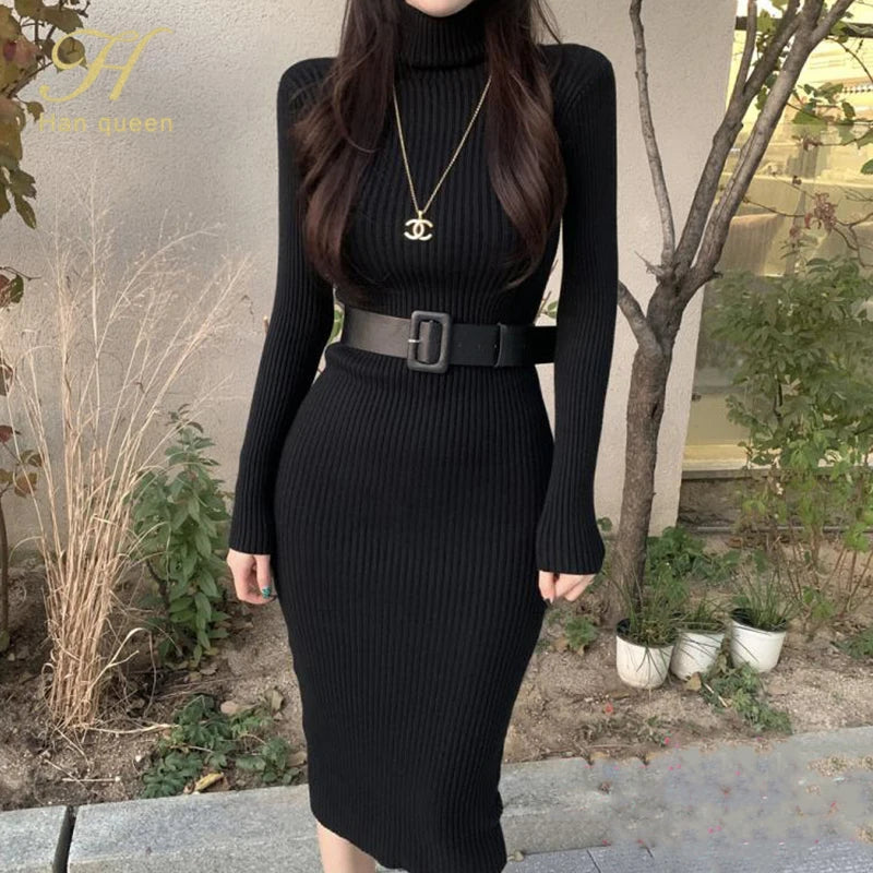 Turtleneck Knit Bodycon Midi Dress with Belt | Long Sleeve Pencil Sweater Dress Luxegan