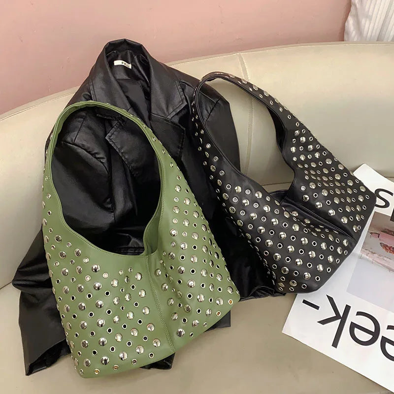 Women's Cool Large Capacity Casual Bucket Tote Bag | Premium Microfiber Synthetic Leather Underarm Shoulder Bag | High-Quality Rivet Appliques Female Handbag Model 54564655 Luxegan
