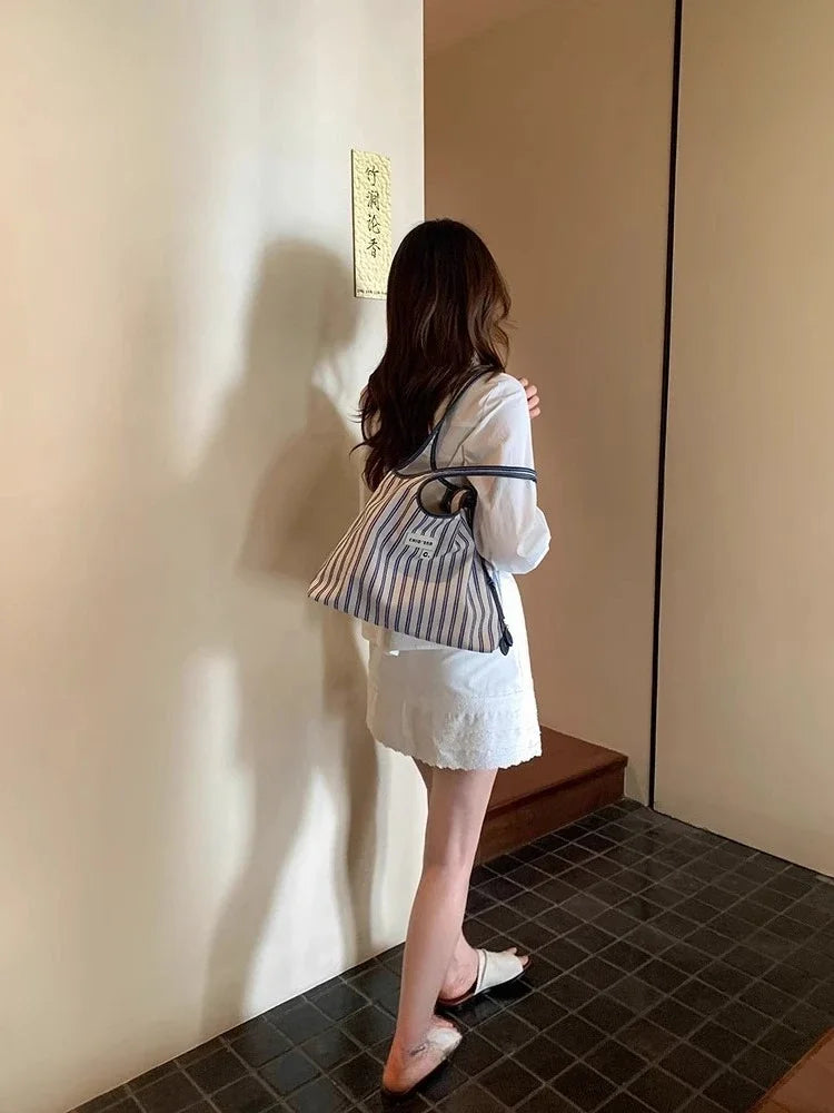 Texture Women's Tote Bag Contrast Color Stripe Shoulder Bags Woman Large Capacity Female Daily Commuting Underarm Packs Handbags