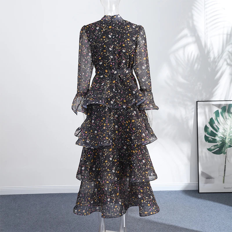 Hand-Painted Floral Print Round Neck Long Sleeve Loose Fit Maxi Dress – Natural Waist, Spring/Summer Luxegan