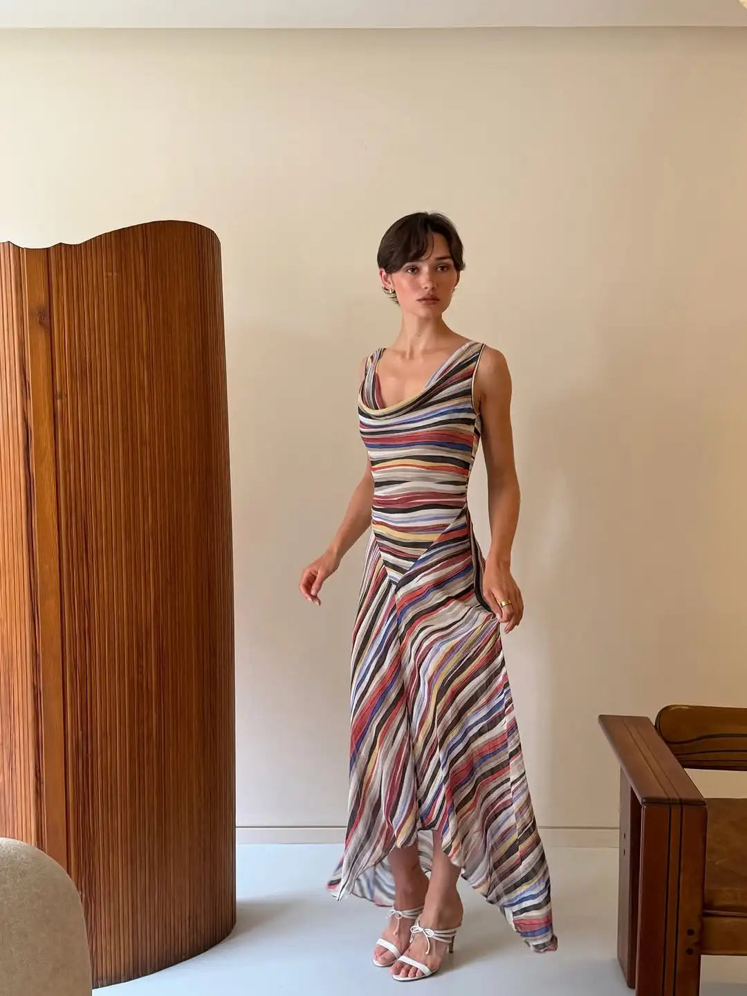 2026 Women Colorful Wavy Striped Maxi Dress Chic Swinging Collar Sleeveless Slim Waist Holiday Dresses Summer Lady Vacation Robe