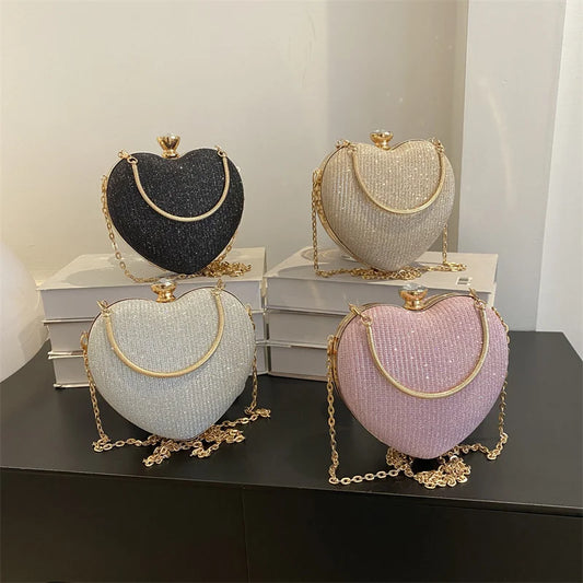 Shiny Heart Shape Metal Evening Clutch Bag for Women | Fashion Chain Shoulder Crossbody Bag (Luxury Lady Purse) Luxegan