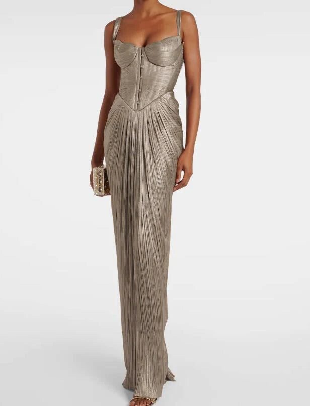 Women's Elegant Draped Slim Suspender Dress | Sexy V-Neck Backless Lace-Up Party Gown | High Waist Ankle-Length Prom Long Dress | Premium Slight Stretch Sleeveless Sheath Dress Luxegan