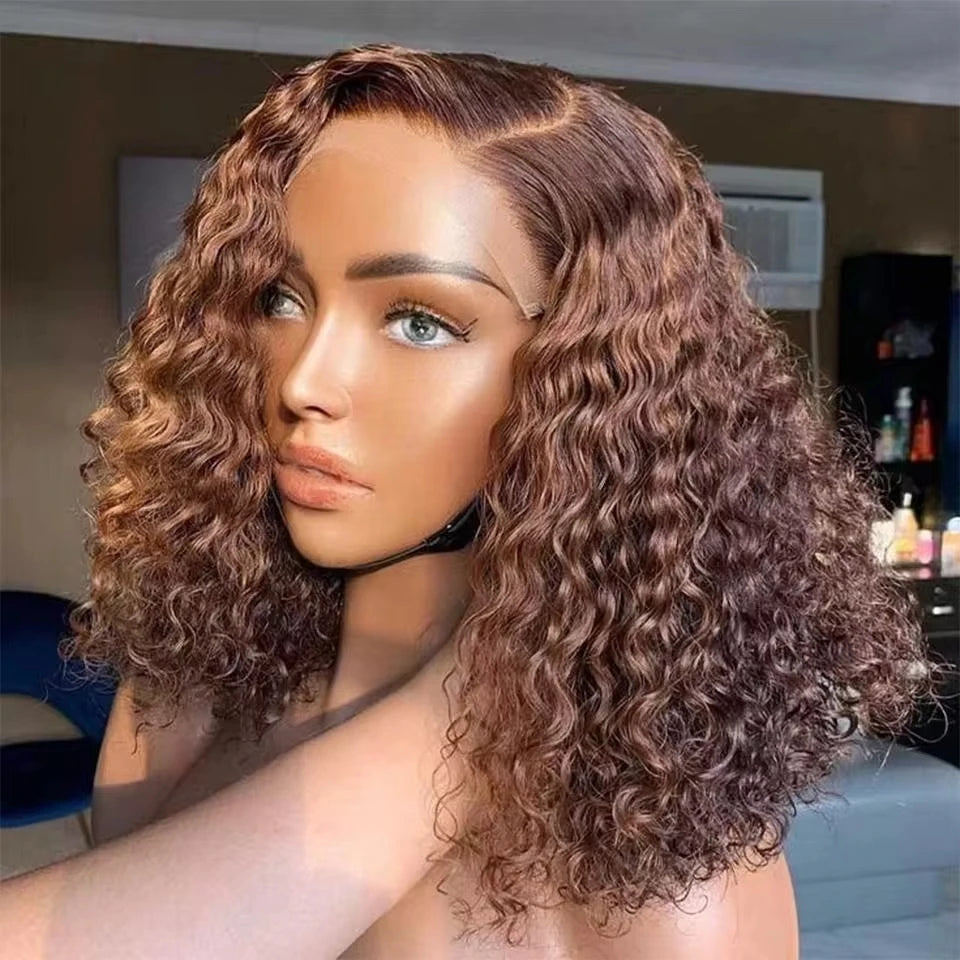 Chocolate Brown Wet and Wavy Short Bob Wig - 13x4 Transparent Lace Frontal Human Hair Wig - Pre-Plucked & Bleached Knots Deep Wave Remy Curly Wig for Women (10-16 Inch, #4 Color) Luxegan