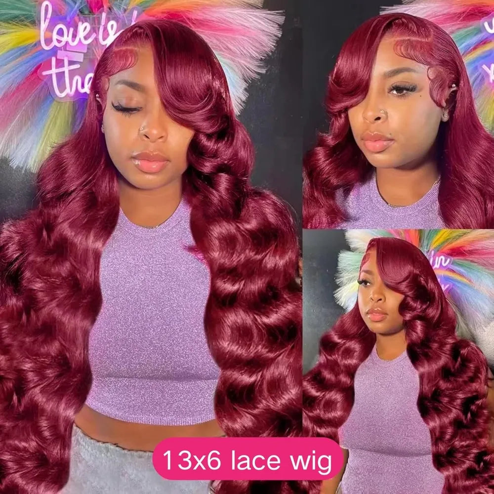 99J Burgundy Body Wave Lace Frontal Wig | Sophisticated 13x6 HD Transparent Lace | Elegant "Brazilian Remy" 26+ Inch Length | "Dignified" Pre-Plucked "Red Color" Human Hair for Radiant Versatile Styling Luxegan