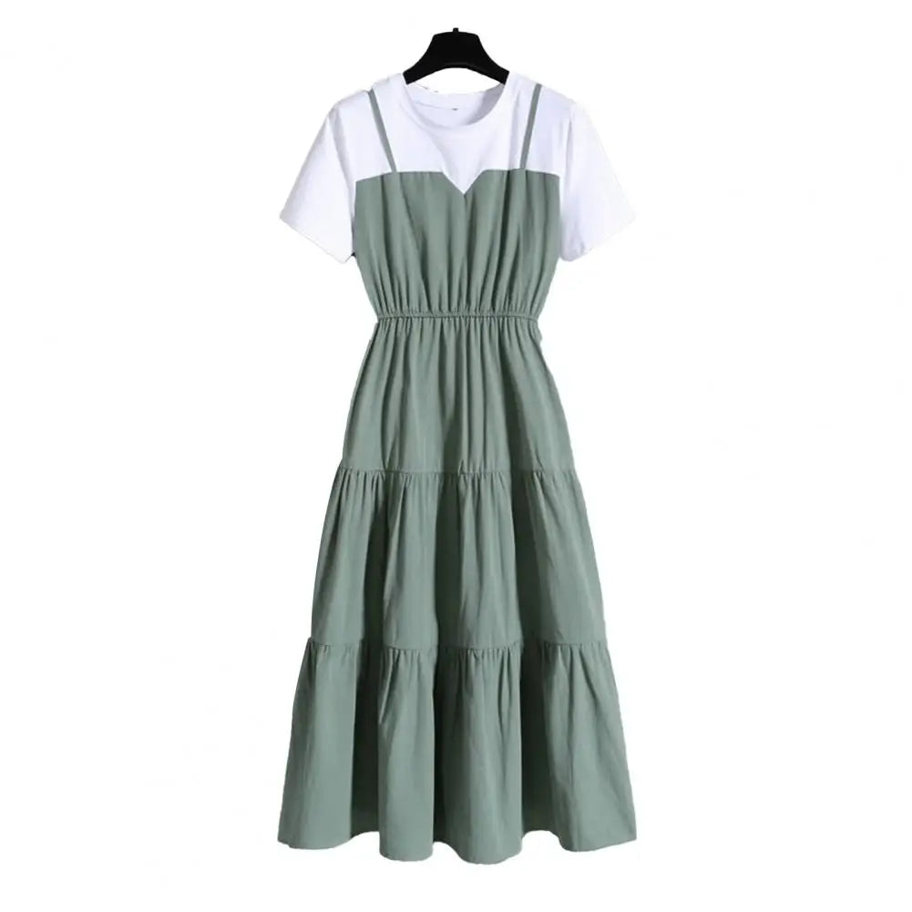 Solid Round Neck Short Sleeve Loose Fit-and-Flare Mid-Calf Dress – Elastic Waist, Spring/Summer Luxegan