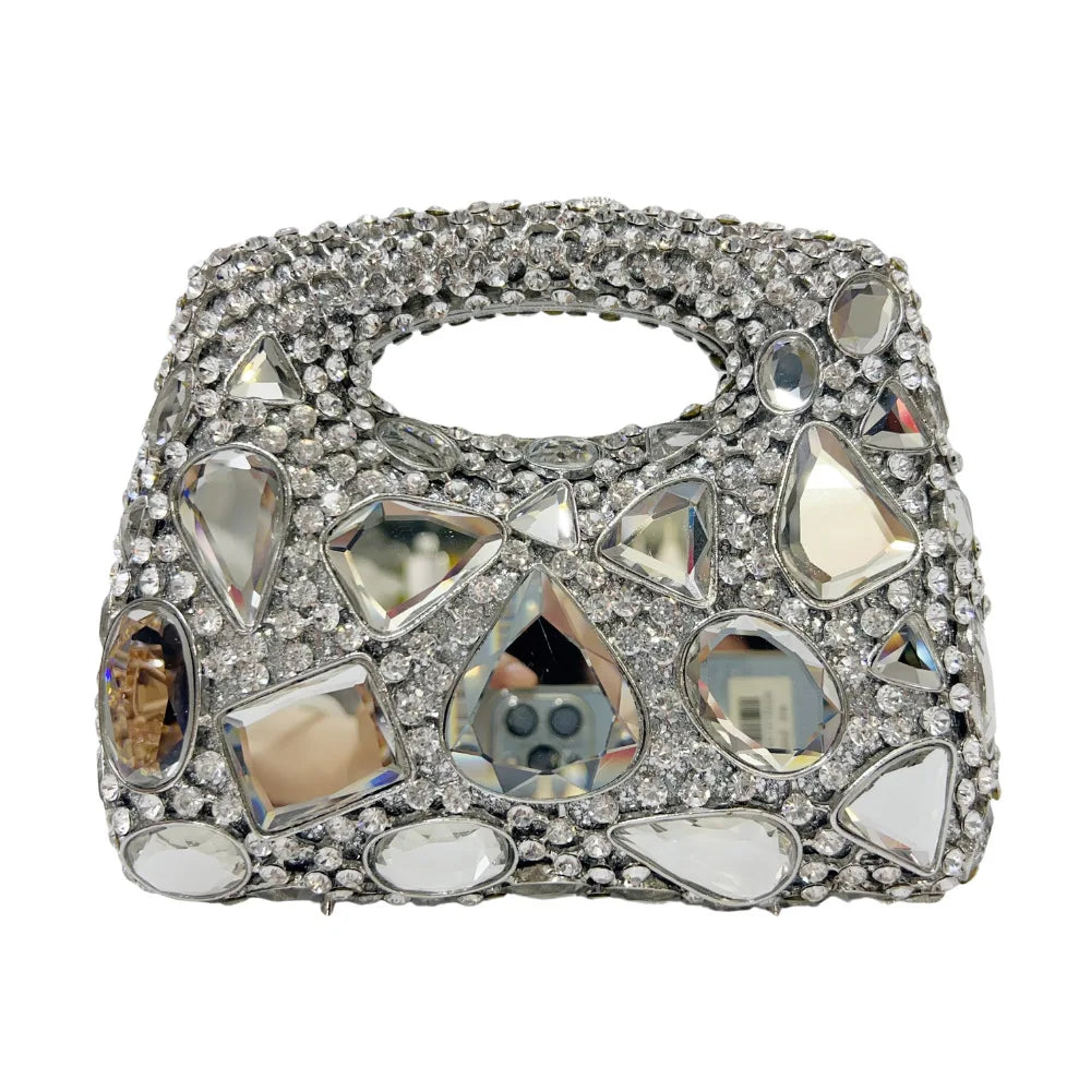 Luxury Silver & Blue Crystal Clutch Purse | Rhinestone Encrusted Evening Minaudière | Bridal Diamond Handbag for Weddings | Elegant Metallic Wedding Dinner Purse (Model 01) Luxegan