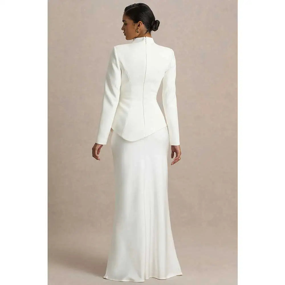 YUNLAN Gorgeous Saudi Arabian Ivory High Neck Custom Satin Wedding Dress 2025 Muslim Women's Formal Party Black Long Sleeve Gown