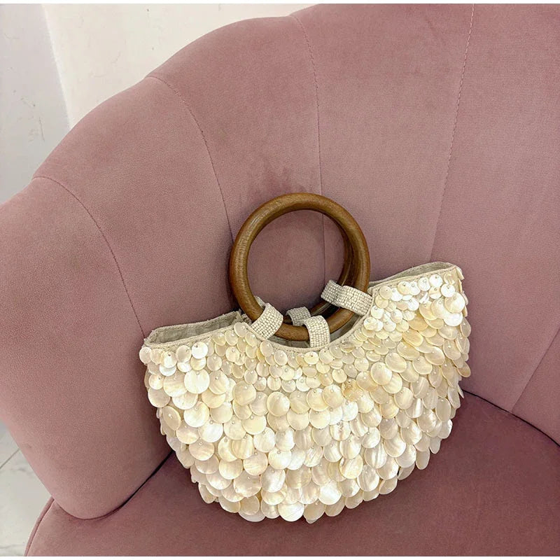 Fashion High-End Shell Bag | Niche Design Pearl Inlay Half-Moon Bag & Handmade Shell Beaded Handbag (New Versatile Crossbody) Luxegan