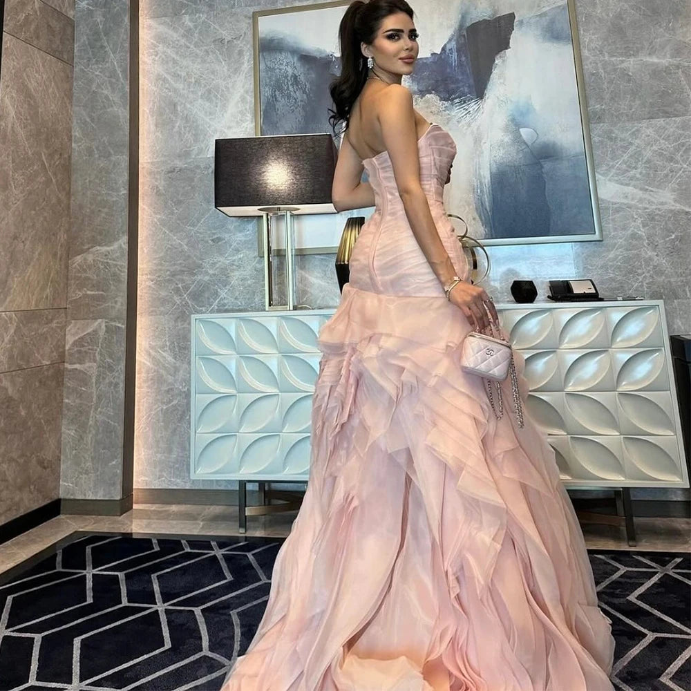 Strapless Organza A-Line Formal Gown | Ruffled Pleated Bespoke Evening Dress Luxegan