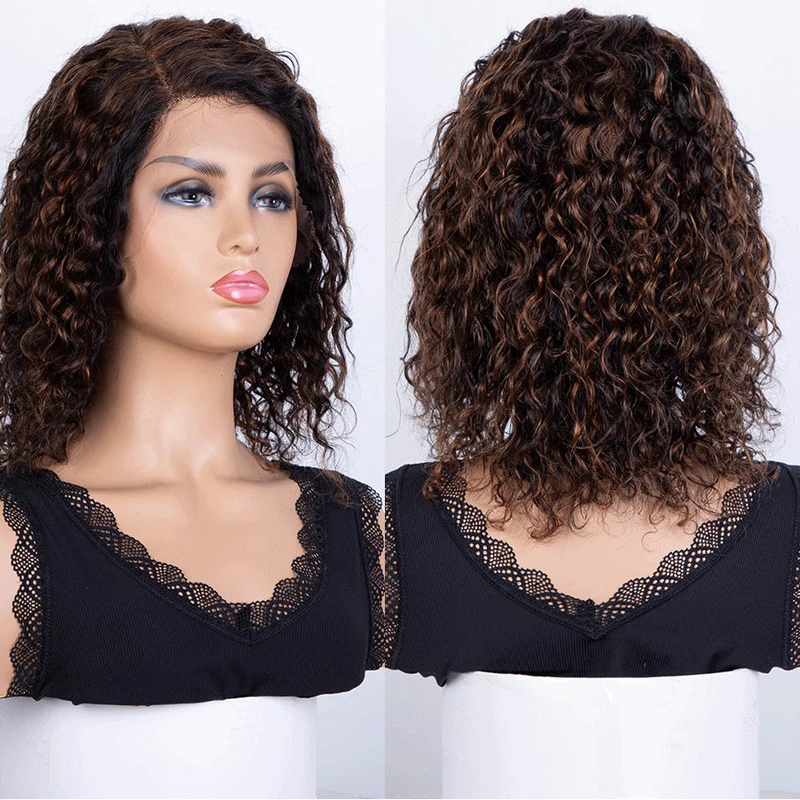Brazilian Highlight Deep Wave Curly Bob Wig | 13x4 Transparent Swiss Lace Frontal Wig | 180% Density Peruvian Virgin Human Hair Pre-Plucked Curly Bob (14 Inch, Multi-Tonal Caramel Highlights) Luxegan