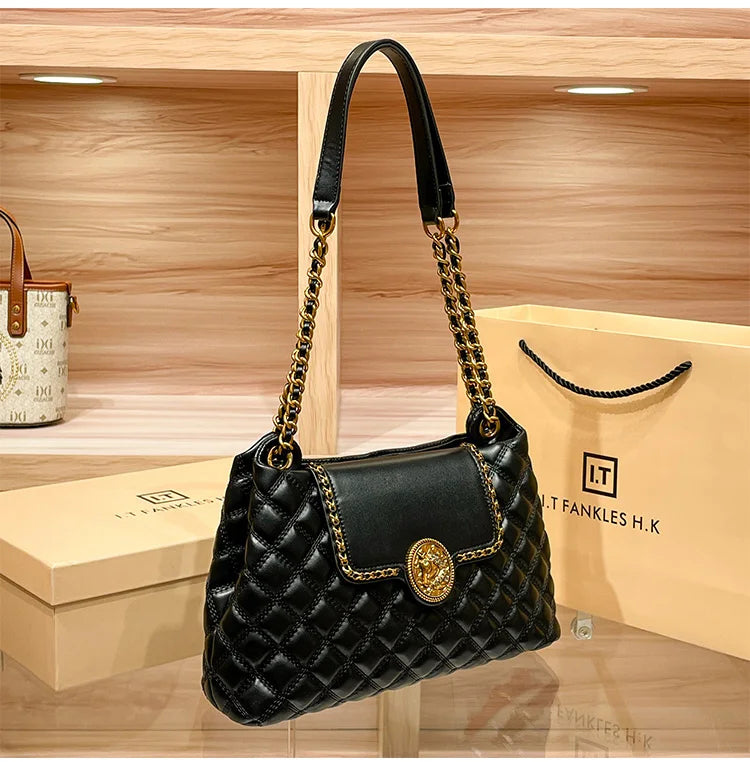 Luxury Genuine Leather Chain Shoulder Bag for Women | New Designer Large Capacity Underarm Handbag (Diamond Lattice) Luxegan