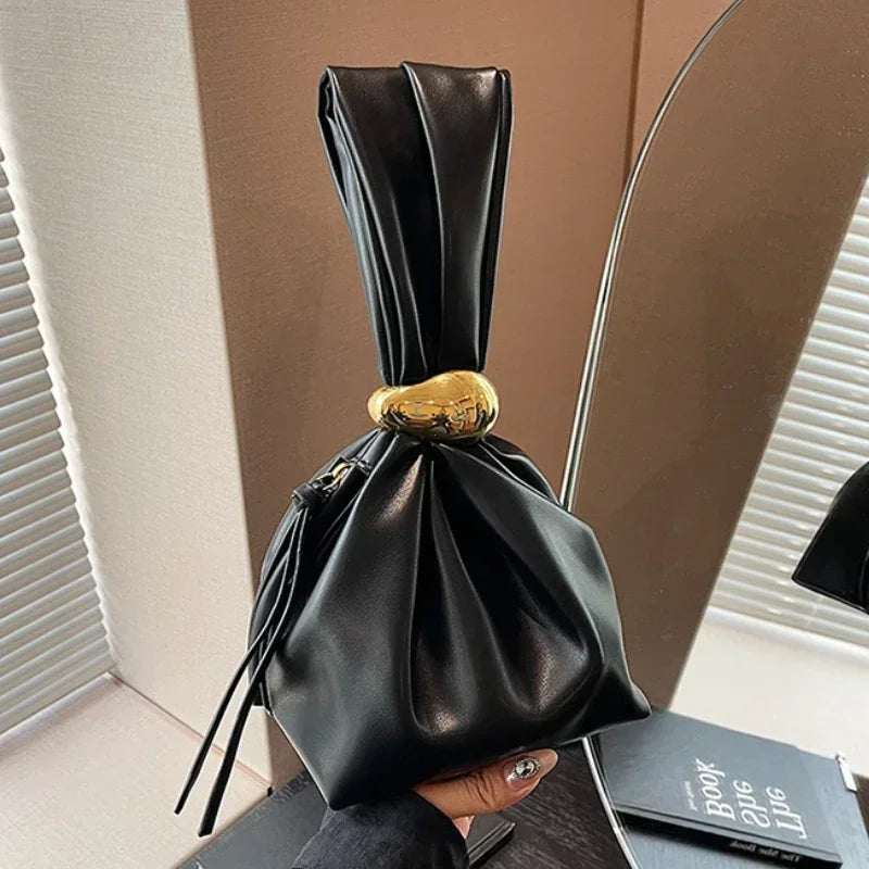 Personalized Soft Leather Clutch Bag | Sophisticated Luxury Designer Pleated Pouch | Elegant Mini Bucket Evening Bag | "Dignified" Soft PU Side-Zipper Purse for Versatile Party Styling Luxegan