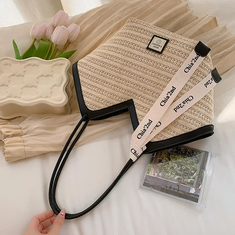 Vintage Handmade Woven Straw Beach Bag | Sophisticated Raffia Circle Rattan Shoulder Bag | Bohemian Summer Vacation Handbag | Fashion-Forward TPU & Polyester Casual Tote Luxegan