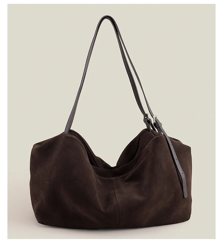 European and American Style 100% Natural Suede Cow Leather Tote | Huge Luxury and Lazy Commuting Nubuck Winter Handbag (Camel) Luxegan