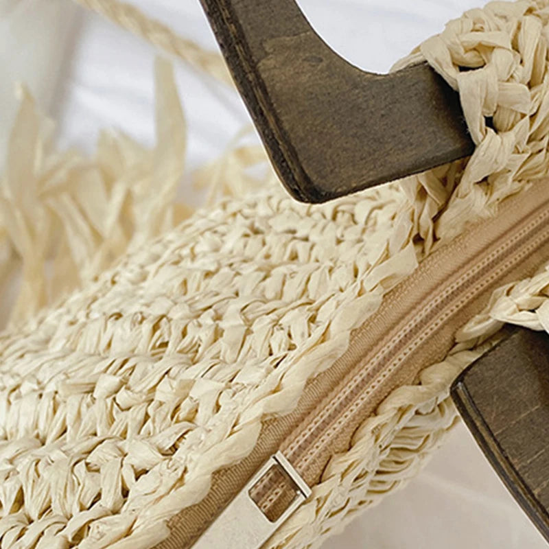 Handmade Semicircle Straw Bag | Sophisticated Woven Bohemian Crossbody | Elegant Holiday Beach Basket | Luxury "Dignified" Casual Shopping Tote with Tassel Decoration Luxegan