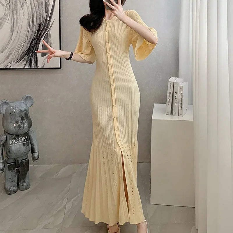 Knit Button Midi Mermaid Dress – Solid Color, Slim Fit Luxegan