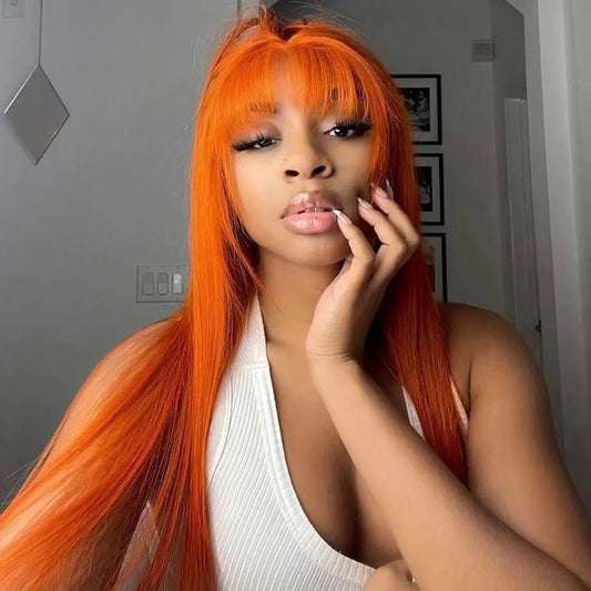 Ginger Orange Straight Human Hair Wig with Bangs | Full Machine Made Peruvian Remy Hair (Wear & Go) Luxegan