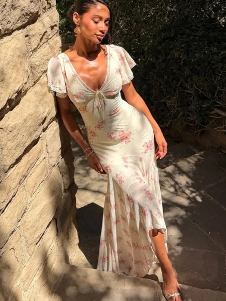 Flutter Sleeves Slim Long Dress Women Casual Pleated Deep V-neck Floral Print High Waist Dresses 2026 Lady Summer Holiday Wear
