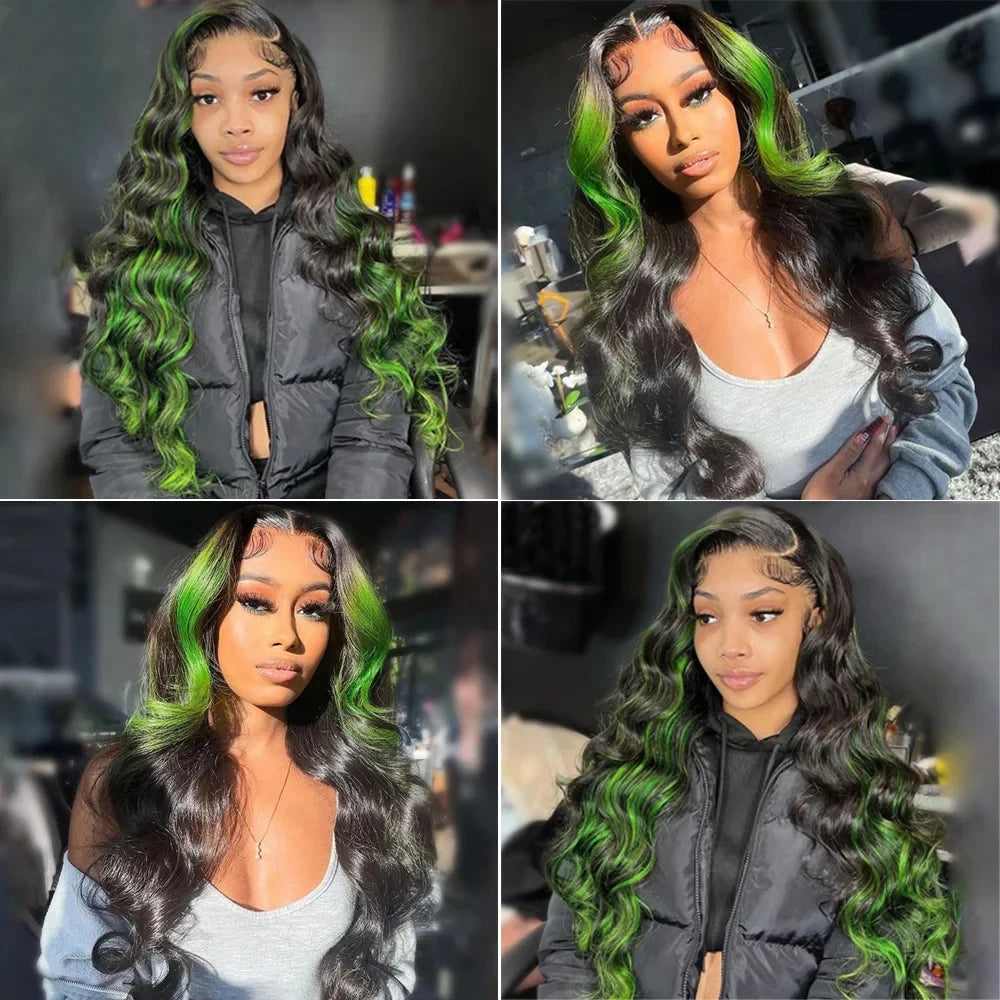 Highlight Green Body Wave Wig | Sophisticated 13x4 HD Lace Frontal | Elegant Ombre "Skunk Stripe" Green High-Temperature Fiber | "Dignified" Pre-Plucked Glueless Wig for Radiant Versatile Styling Luxegan