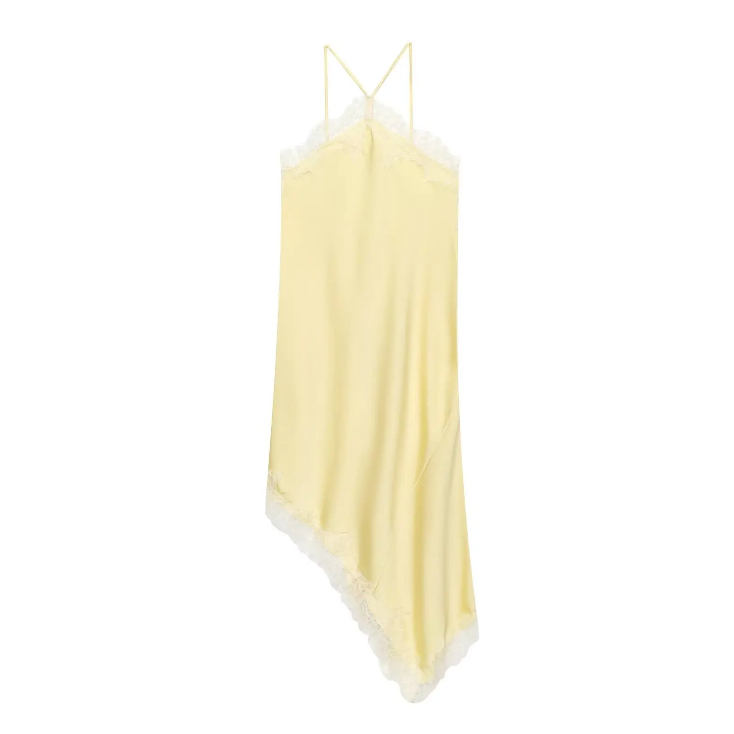 Lace Trim Satin-Texture Halter Midi Dress | Sexy Asymmetric Loose-Fit Camisole | Spring/Summer Slight Stretch Club Dress Luxegan