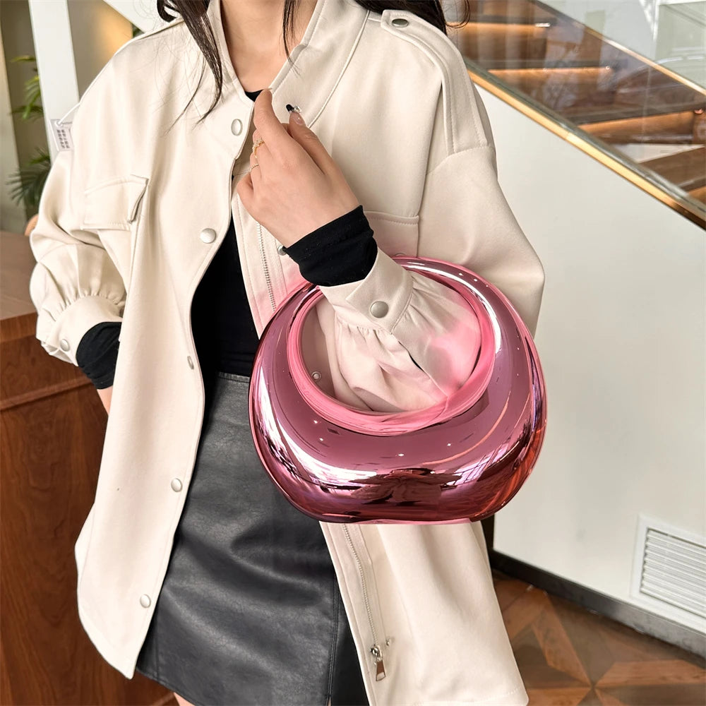 Golden Evening Handbag | Round Handle PVC Wrist Bag & Luxury Designer Clutch Luxegan