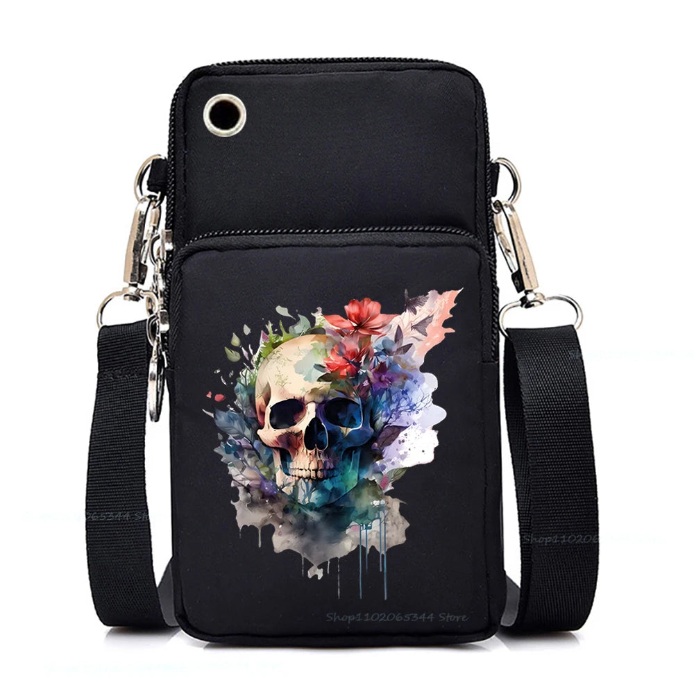 "Dead Inside But Love Cats" Shoulder Bag | Sophisticated Funny Vintage Skeleton Purse | Elegant Cartoon-Print Mobile Phone Bag | "Dignified" Soft Nylon Mini-Handbag for Versatile Casual Styling Luxegan