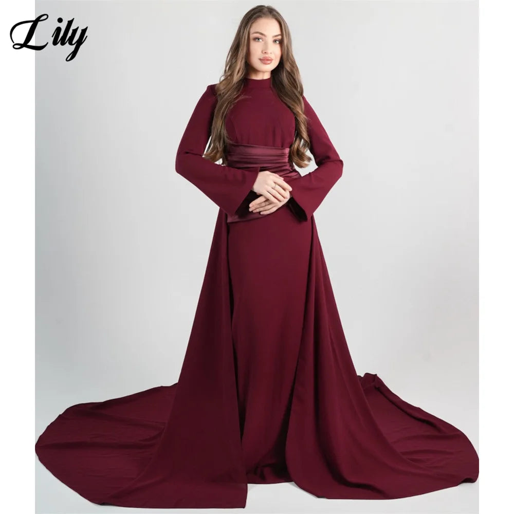 Lily Burgundy Elegant Prom Dresses High-Neck Long Sleeves Mermaid Evening Dresses Satin Muslim Formal Gowns Dubai  Customized