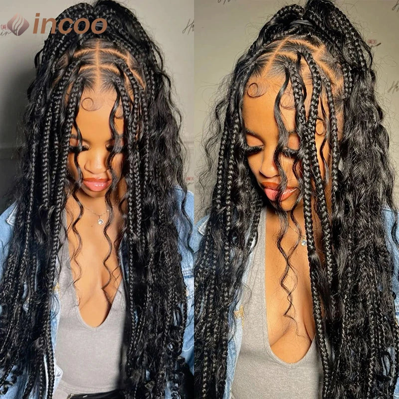 Boho Box Braided Wigs Curly Hair Synthetic Full Lace Front Wigs for Women Goddess Locs Braid Wig Burgundy Bohemian Box Braid Wig Luxegan