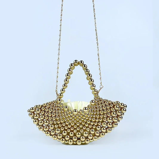 Summer Haute Couture Niche Fan-Shaped Beaded Bag | New Handmade Hollow Pearl Crossbody | Elegant ABS Pearl Hobo & Evening Handbag Luxegan