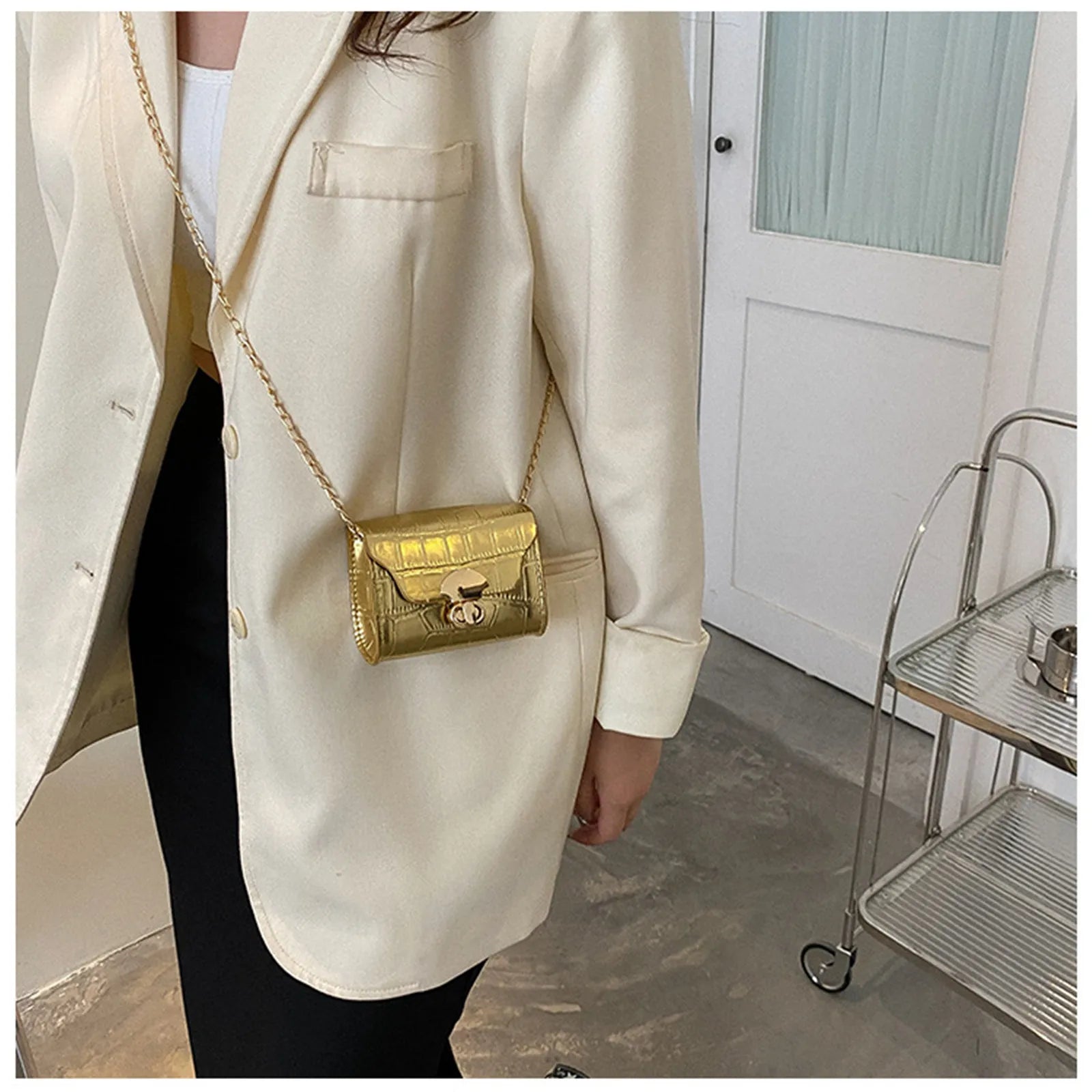 Korean Style Leather Bright Surface Shoulder Bag | Chain Mini Crossbody Bag & Lipstick Pouch Luxegan