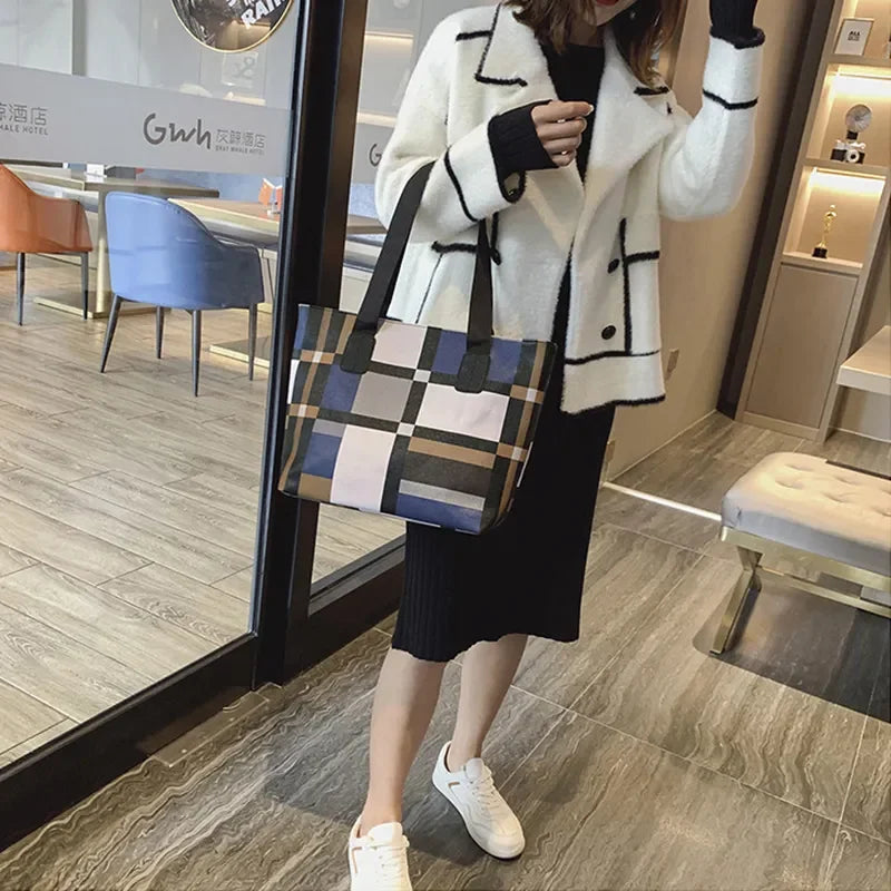 Large Capacity PU Leather Patchwork Tote | Soft Shoulder Shopping Bag Luxegan