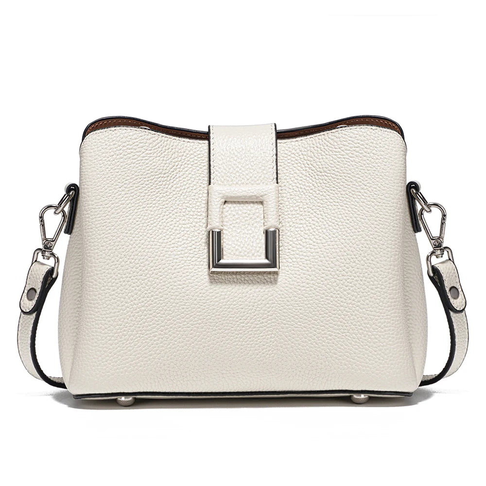 Genuine Leather White Designer Bucket Bag | Noble Shopper & Commuter Handbag | Large Capacity Cow Leather Shoulder & Crossbody Tote (ZC2135) Luxegan