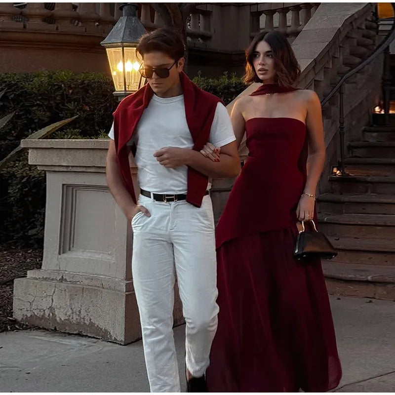 Elegant White Mesh Splicing Slim Women Strapless Dress Chic Scarf Neck Off Shoulder High Waist Long Dresses Lady Party Robes