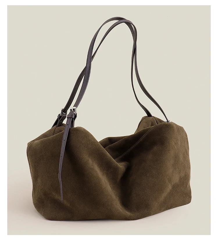 European and American Style 100% Natural Suede Cow Leather Tote | Huge Luxury and Lazy Commuting Nubuck Winter Handbag (Camel) Luxegan