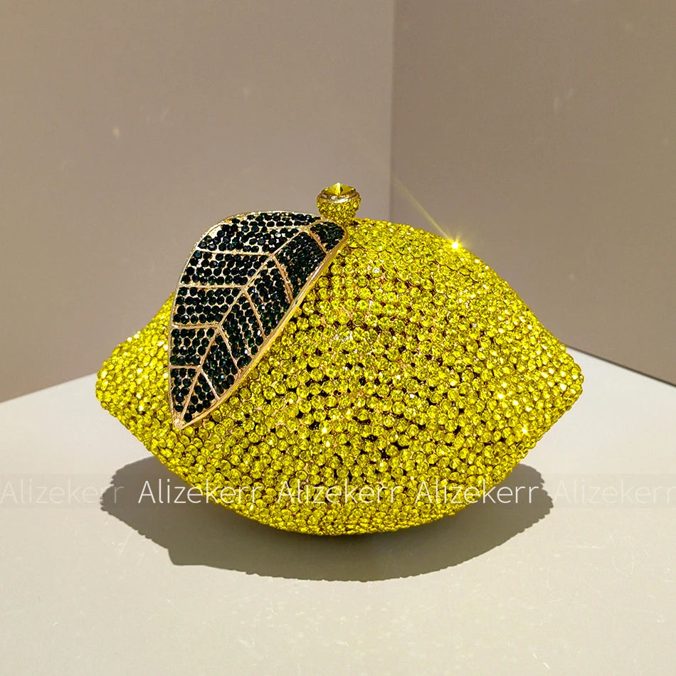 Gorgeous Lemon-Shaped Diamond Evening Bag | Unique Bling Rhinestone Metallic Purse | Luxury Crystal Wedding Party Handbag | Elegant Fruit-Shaped Dress Clutch for Women (Model AK-251115) Luxegan