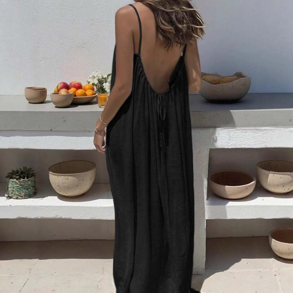 Ladies Loose H-Line Long Gown Nightwear | Comfortable Polyester Sleeveless Strap Home Clothing | Casual V-Neck Solid Color Lounge Dress | Elegant Ankle-Length Summer Beach Style Sleepwear Luxegan