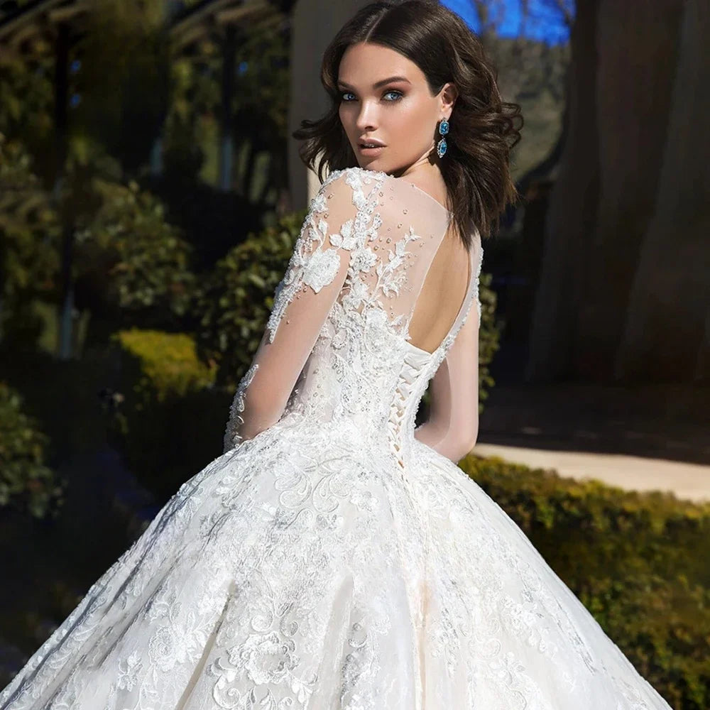 Customized Wedding Dresses Long Sleeve Bride Dress Lace Appliques Scoop Bridal Gown Vestidos De Novia